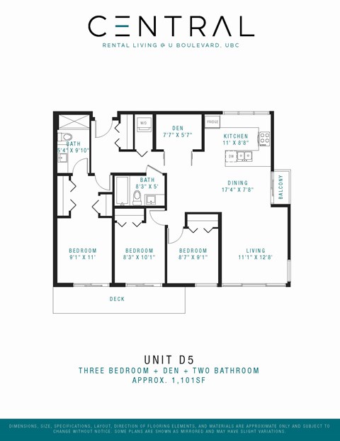 Floor plan for 3 beds, 2 baths, 1101 sqft